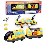Train Électrique Enfant à Piles (Connexion Magnétique), Compatible avec Thomas, Brio, Chuggington, en Bois, Jaune, pour dès 3 Ans
