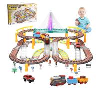 Train et Voitures de Course, Circuit Électrique 2 en 1 avec Voies Ferrées 215 Pièces, Rails, Ponts, Lumières et Sons, Train à Batterie pour Enfant de 3, 4, 5, 6, 7, 8 Ans