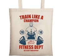 Train Like A Champion Net Level Fitness Dept Eat Sleep Train Repeat Deadlift Graphic Natural Ecological Cotton Tote Bag Beige