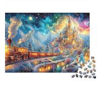 Train pour Un château de Conte de fées enneigé Puzzle De 1000 Pièces Train capricieux Jeu De Puzzle Familial pour Adultes, Enfants Et Personnes Âgées 52x38cm/1000pcs