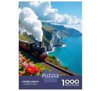Train Puzzle À 1000 Morceaux Papier Épais Train côtier avec Fleurs Vue sur la mer Puzzle Familial Passionnés De Casse-tête Heures Divertissement Garanties Loisirs Maison 38x26cm/1000pcs