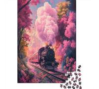 Train,Puzzles pour Adultes 38x26cm/1000pcs,Jeux De Défi Colorful Arbres Pink Sky