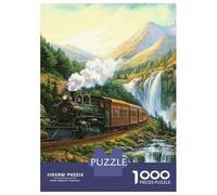 Train Set De 1000 Pièces Papier Recyclé Train à Vapeur près de Mountain Waterfall Puzzle Adulte Amateurs Puzzle Adultes Activité Lien Familial Loisirs Maison Casse-tête Engageant 70x50cm/1000pcs