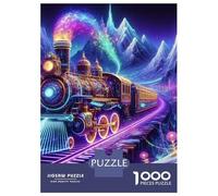 Train Set De 1000 Pièces Papier Recyclé Train à Vapeur psychédélique Neon Colors Track Puzzle Adulte Amateurs Puzzle Adultes Activité Lien Familial Casse-tête Engageant Loisirs Maison 38x26cm/1000pcs