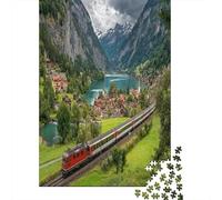 Train traversant Un Village des Alpes suisses,Puzzles pour Adultes 70x50cm/1000pcs,Jeux De Défi