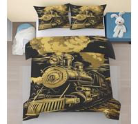Train Vintage Housse de Couette 90x190 Enfant, Motif Locomotive à Vapeur Microfibre Parure de Lit 1 Personne - Noir Or Parure de Couette avec Fermeture éclair avec 1 Taie d'oreiller 65x65 Fhj275