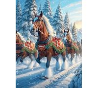Traîneau tiré par des chevaux dans un village de Noël enneigé 1000 Pièces Puzzle Collectionneur En Carton Anti-Déchirure Faune sauvage et animaux de compagnie Haute Difficulté Motif Complexe Décoratio
