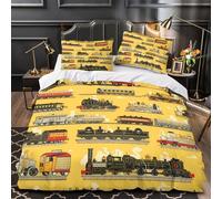 trains d'époque 3D Imprimé Drap de couette 3 pièces Microfibre éclair dissimulé Illustration ferroviaire classique Housse de couette 2 taies inaltérable déco chambre couple Single (135x200cm)