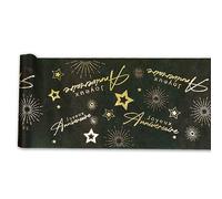 Tralala Fêtes® Chemin de Table Non-Tissé « Joyeux Anniversaire » - Déco Centre de Table Noir & Or - Décoration Originale pour Fête d’Anniversaire - Rouleau Intissé avec Écriture Dorée (31,5 x 500 cm)
