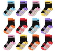 TRAMLE Lot de 12 paires de chaussettes de sport colorées à motif écossais respirant pour enfant de 2 à 14 ans, #3 Noir Gris, 7-10 ans