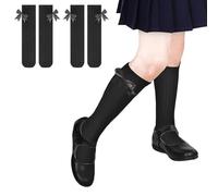 TRAMLE Lot de 2 paires de chaussettes hautes pour filles (4-12 ans) noires ou blanches en coton avec nœuds en ruban, Noir , 4-7 ans
