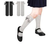 TRAMLE Lot de 2 paires de chaussettes hautes pour filles (4-12 ans) noires ou blanches en coton avec nœuds en ruban, noir/gris, 4-7 ans