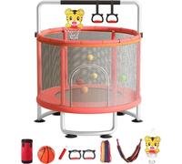 Trampoline, barre de gymnastique réglable, filet de protection, rose