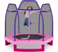 Trampoline de jardin COSTWAY Ø223cm avec filet de sécurité, trampoline pour enfants pouvant supporter jusqu'à 150KG Rose
