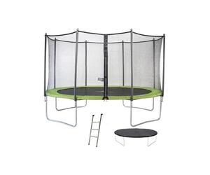 Trampoline KANGUI TWIN Ø 430 cm Pack complet Filet sécurité Échelle 3 marches Couverture Vert