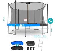 Play4Fun Trampoline de jardin Classique 14ft Ø427 cm – Matelas réversible bleu/noir, filet & échelle