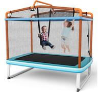 Trampoline pour enfants COSTWAY 3 en 1, trampoline de jardin rectangulaire avec balançoire, barre fixe, trampoline de fitness avec filet de sécurité & couverture de bord, trampoline d'intérieur/d'exté