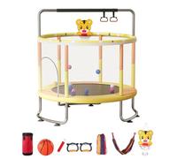 Trampoline pour enfants de 1,5 m avec panier de basket-ball et balançoire, filet de sécurité, sac de sable et balles océaniques, trampoline rectangulaire intérieur/extérieur pour tout-petits (jaune)