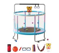 Trampoline pour enfants de 1,5 m avec panier de basket-ball et balançoire, filet de sécurité, sac de sable et balles océaniques, trampoline rectangulaire intérieur/extérieur pour tout-petits (bleu)