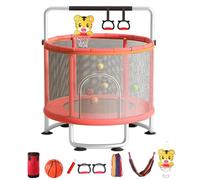 Trampoline pour enfants, trampoline réglable pour bébé avec panier de basket-ball, balançoire, sac de sable, boules d'océan, 200 kg, trampoline intérieur et extérieur avec filet de fermeture (rose)
