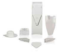 Börner Mandoline V1 (Set Professionnel) • Coupe Légumes + 4 Inserts, Porte-fruits, Station d'accueil, Boîte de Rangement • Mandoline Réglable • Tranches, Juliennes, Dés • Blanc