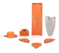 Börner Mandoline V1 (Set Professionnel) • Coupe Légumes + 4 Inserts, Porte-fruits, Station d'accueil, Boîte de Rangement • Mandoline Réglable • Tranches, Juliennes, Dés (Orange)