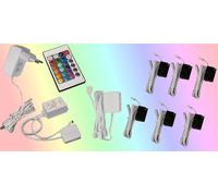 Trango 6er Set 5022-06 RGB Éclairage de bord en verre LED à changement de couleur, y compris l'éclairage de l'armoire de commande à distance, Éclairage de sol en verre, Éclairage de vitrine, Clips