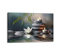 Tranquil Still Life Poster Art - White Lotus Bloom and Zen Stones on Canvas for Meditation Corner, Living Room or Bathroom Decor(Framed,16x24inch(40x60cm))