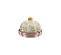 Tranquillo Cloche à fromage orientale en grès avec impression estampée à la main, jaune/rouge, 14 x 14 x 10 cm