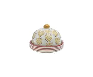 Tranquillo Cloche à fromage orientale en grès avec impression estampée à la main, jaune/rouge, 14 x 14 x 10 cm
