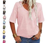 Tranquilm Women's Solid Color V-Neck T-Shirt, Fashion Solid Color V-Neck T-Shirt, Casual Summer Half Sleeve Loose Fit (FR/ES, Alpha/Lettres, TG, Taille Normale, Taille Normale, Pink)