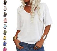 Tranquilm Women's Solid Color V-Neck T-Shirt, Fashion Solid Color V-Neck T-Shirt, Casual Summer Half Sleeve Loose Fit (FR/ES, Alpha/Lettres, M, Taille Normale, Taille Normale, White)
