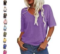 Tranquilm Women's Solid Color V-Neck T-Shirt, Fashion Solid Color V-Neck T-Shirt, Casual Summer Half Sleeve Loose Fit (FR/ES, Alpha/Lettres, XXL, Taille Normale, Taille Normale, Purple)