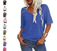 Tranquilm Women's Solid Color V-Neck T-Shirt, Fashion Solid Color V-Neck T-Shirt, Casual Summer Half Sleeve Loose Fit (FR/ES, Alpha/Lettres, L, Taille Normale, Taille Normale, Blue)