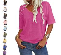 Tranquilm Women's Solid Color V-Neck T-Shirt, Fashion Solid Color V-Neck T-Shirt, Casual Summer Half Sleeve Loose Fit (FR/ES, Alpha/Lettres, L, Taille Normale, Taille Normale, Rose Red)