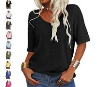 Tranquilm Women's Solid Color V-Neck T-Shirt, Fashion Solid Color V-Neck T-Shirt, Casual Summer Half Sleeve Loose Fit (FR/ES, Alpha/Lettres, XXL, Taille Normale, Taille Normale, Black)