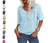 Tranquilm Women's Solid Color V-Neck T-Shirt, Fashion Solid Color V-Neck T-Shirt, Casual Summer Half Sleeve Loose Fit (FR/ES, Alpha/Lettres, M, Taille Normale, Taille Normale, Light Blue)