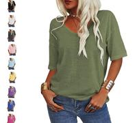 Tranquilm Women's Solid Color V-Neck T-Shirt, Fashion Solid Color V-Neck T-Shirt, Casual Summer Half Sleeve Loose Fit (FR/ES, Alpha/Lettres, TG, Taille Normale, Taille Normale, Army Green)