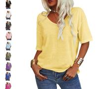 Tranquilm Women's Solid Color V-Neck T-Shirt, Fashion Solid Color V-Neck T-Shirt, Casual Summer Half Sleeve Loose Fit (FR/ES, Alpha/Lettres, L, Taille Normale, Taille Normale, Yellow)