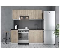 Meubles de cuisine DomoDomo First - Ensemble 5 pièces en chêne Sonoma-white, comprenant un évier de 80 cm, un tiroir de 40 cm, une hotte aspirante de 60 cm, un support mural de 80 cm