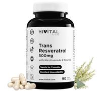 Trans-Resveratrol 500 mg. 90 gélules végétaliennes pour 3 mois de traitement. Avec Nicotinamide et Pipérine. Extrait Naturel de Fallopia Japonica 98% de Resvératrol Pur. Fabriqué en Europe par HIVITAL