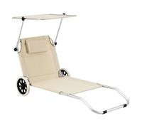 Transat avec Pare-Soleil Chaise Longue Inclinable Réglable en 4 Positions Bain de Soleil Design avec Roues Anti-Retours Capacité de Charge 110 kg Aluminium Polyester Argenté Mat Beige