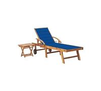 Transat chaise longue bain de soleil lit de jardin terrasse meuble d'extérieur 195 cm avec table et coussin bois de teck solide 02_0012651