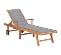 Transat chaise longue bain de soleil lit de jardin terrasse meuble d'extérieur avec coussin gris bois de teck solide 02_0012489