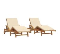 Vidaxl Chaises Longues 2 Pcs Avec Coussins Et Roues Beige Bois Massif D'acacia, Vidaxl Chaise Longue Pliable Avec Roues & Coussin Beige Bois Massif D'acacia