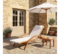 Transat en Bois de Mélèze d'Europe Naari - Bain de Soleil avec Accoudoirs et Têtière - Toile Textilène Blanc Robuste, Anti-UV & Intempéries - Design Scandinave Extérieur Terrasse et Piscine