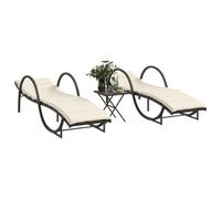Transat Jardin Extérieur, 2 Chaises Longues avec Table Basse en Rotin Synthétique, Dossier Réglable 3 Positions, Structure Acier Résistante, pour Terrasse, Jardin, Piscine, Marron et Blanc Crème