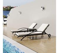 Transat Jardin Extérieur, 2 Chaises Longues avec Table en Rotin Résine, Dossier Réglable, Roulettes et Coussin Confortable, Bains de Soleil, Relax Jardin Exterieur,Noir, 199.5 x 65 x 37 cm (2+1 Set)