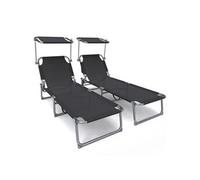 vounot® Lot de 2 Chaise Longue Bain de Soleil avec Pare Soleil Transat Pliable en Textilène avec Parasol Bain De Soleil inclinable en Textilène avec Charge Max 110KG Chaise Longue réglable Noir