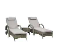 Outsunny Lot 2 transats Grand Confort + table basse verre trempé résine tressée grise